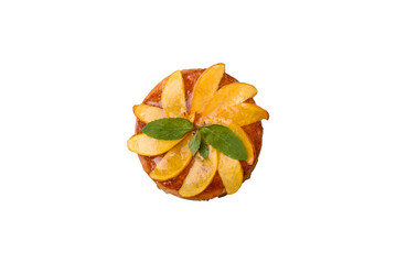 Sweet round pie or tart with apples and peach. Mini sweet tart