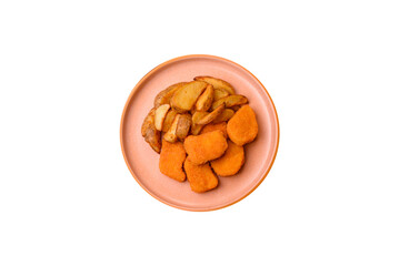 Crispy chicken nuggets, meat takeaway meal with salt. Chicken nuggets, fast food