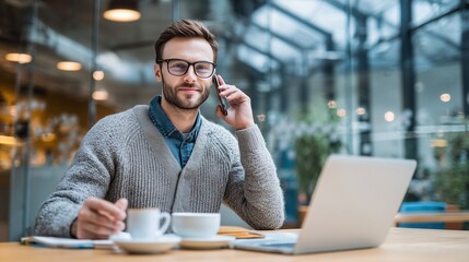 Young executive manager of a successful startup project making banking operations by a mobile phone and a portable computer connected to 5g wireless connection during coffee break.