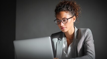 Young professional woman with laptop, Beautiful female professional day dreaming while sitting in front of laptop at home office
