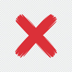 Red hand-drawn brush stroke cross mark symbol isolated on transparent background for error, cancel, or wrong indication in design

