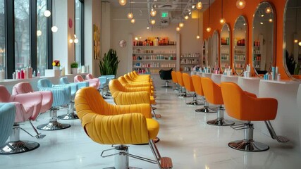 Bright and modern salon interior with colorful chairs and stylish mirrors inviting clients for pampering services
