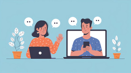 business people with speech bubbles, social networking concept, flat illustration design wallpaper, set of flat icons for web
