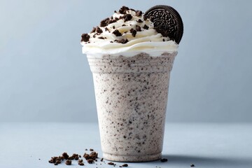 Creamy, chocolate chip cookie milkshake in a disposable cup.