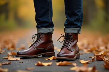 closeup of brown leather boots on person walking through path covered with fallen autumn leaves. autumn journey, fashion, seasonal outdoor adventure.