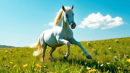 A white horse with a golden mane galloping through a field of flowers under a bright blue sky with clouds