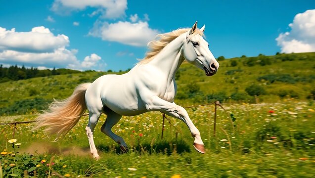 A white horse galloping through a green field under a blue sky with fluffy white clouds today - Powered by Adobe