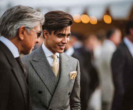 Groom talking to an older Gentleman at an outdoor Wedding Reception