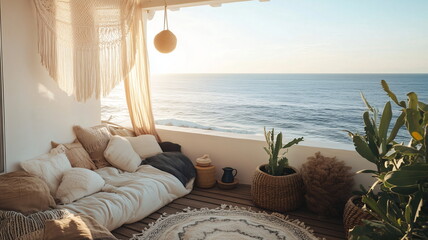Serene Boho Balcony with Ocean View – Morning Light and Soft Decor Elements