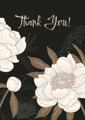 Elegant Peony Greeting Card on the  Dark background  &ndash; Vector Illustration.  Perfect for wedding invitations, birthday cards, romantic messages, or seasonal greetings. Ideal for stylish and luxurious 
