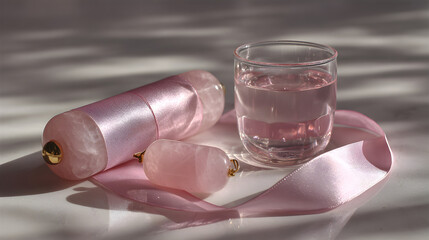 aesthetic composition of a pink rose quartz facial roller, soft silk ribbon, and a clear glass with pink liquid, clean reflective surface, subtle highlights, high clarity --ar 16:9
