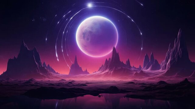 A captivating neon backdrop featuring a glowing supermoon and circular elements, set against an extraterrestrial landscape with rocky formations under a starry night sky This minimalist c 4K.