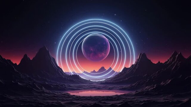 A captivating neon backdrop featuring a glowing supermoon and circular elements, set against an extraterrestrial landscape with rocky formations under a starry night sky This minimalist c 4K.