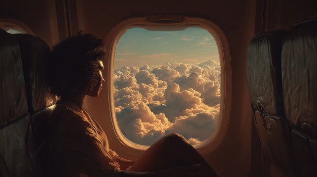Black woman in airplane cabin during flight looking out window at clouds