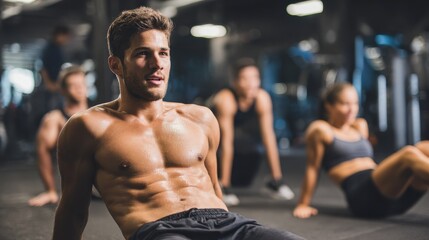 Muscular guy doing sit ups at gym with other people in background. Young athlete doing stomach workout in modern gym. Handsome fit man doing crunches at gym., no logos, no brands