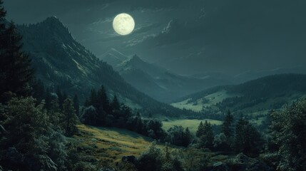 forest around the meadow on a steep mountain slope at night in full moon light, no logos, no brands