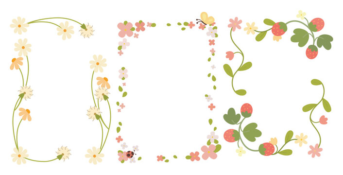 Pastel flower frame illustration. Spring floral border set vector.