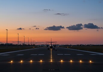 Airplane on Runway at Sunset Dusk Flight, Glowing Lights, Airplane Runway View, Travel, Sky.