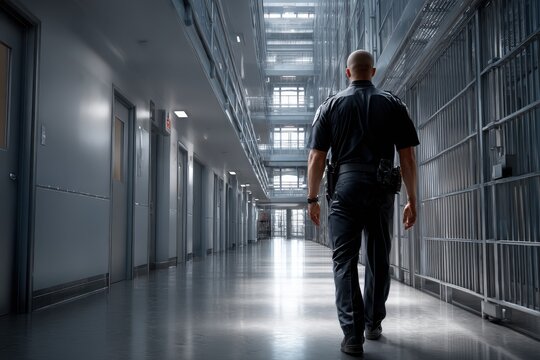 Security officer patrolling empty prison hallway during late evening hours