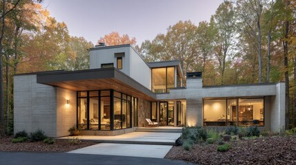 Contemporary Home in Forest: A striking contemporary house merges with its natural surroundings, boasting clean lines, large windows, and an inviting ambiance set within a lush, leafy forest.