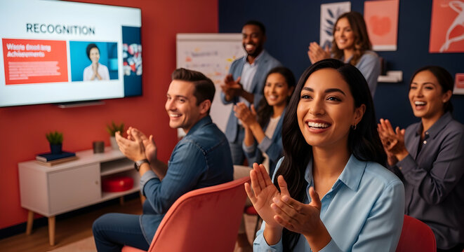 Enthusiastic diverse business team applauding a colleague's achievement during a meeting celebrating success
