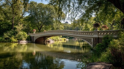 Central Park, New York City The Bow Bridge. is a cast iron bridge located in Central Park, New York City, crossing over The Lake and used as a pedestrian walkway,, no logos, no brands