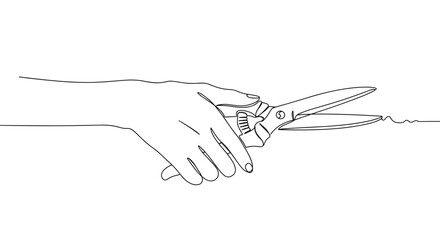 Hand using pruning shears line drawing on transparent background