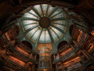 Obraz premium Grand library interior with a stunning stained-glass dome. Rich wood and warm lighting create a captivating atmosphere.