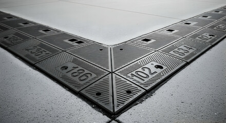 Geometric precision captured in textured black and white industrial floor tiles design