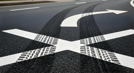Dynamic road markings and tire tracks create a sense of motion and direction ahead