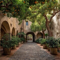 Fototapeta premium Sun-drenched courtyard with lush greenery and stone arches. Serene and picturesque.