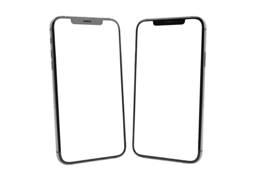 Two smartphones with blank screens angled for app UI mockup presentation. Isolated on transparent background, png