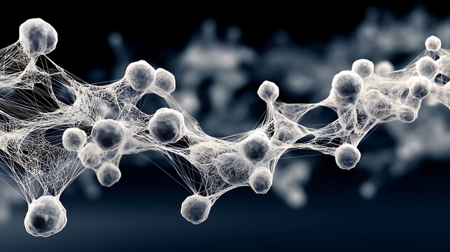 the image features interconnected, spherical structures against a dark, blurred background