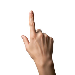 Woman's hand with index finger pointing up, making a touching or choosing gesture. Isolated on transparent background, png