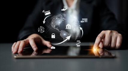 Worldwide digital payment network showing secure financial transactions. Digital payment supports...