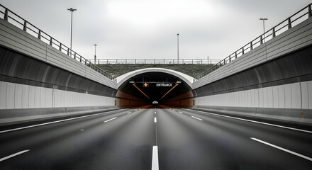 Entrance to the tunnel with roadway lines leading inside under cloudy skies