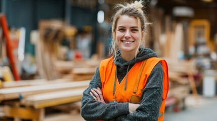 Obraz premium A smiling blonde worker wearing an orange vest stands in a workshop, surrounded by piles of wood, suggesting youthful energy, team spirit, and craftsmanship elegance.