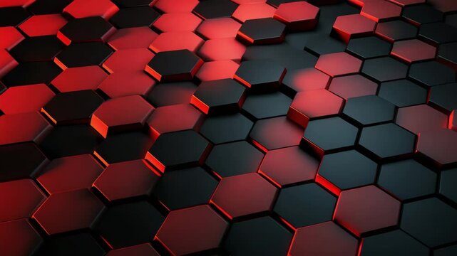  A collection of red hexagons arranged on a sleek black surface, creating a bold, modern geometric pattern with strong contrast&mdash;ideal for use in tech-inspired designs, futuristic background 4K