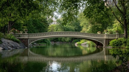 Central Park, New York City The Bow Bridge. is a cast iron bridge located in Central Park, New York City, crossing over The Lake and used as a pedestrian walkway,, no logos, no brands