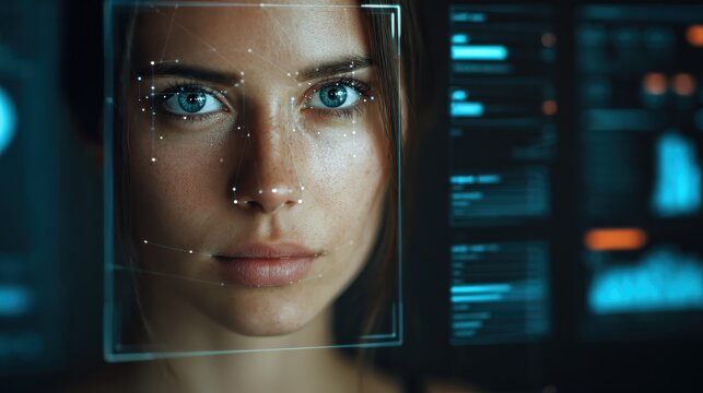 Advanced facial recognition technology on computer screen with interface and data analysis elements