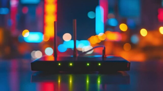 A modern wireless router, radiating connectivity with its sleek design and vibrant bokeh of the city lights.
