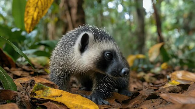 Adorable Lowland Streaked Tenrec Kit Explores Rainforest Floor