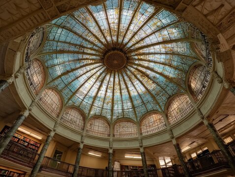 Stunning stained-glass dome illuminates a grand library interior. Architectural details and bookshelves create a captivating atmosphere.