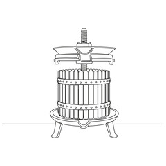Old wine press in black line art on transparent background  