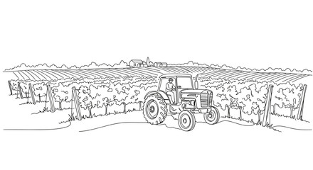 Tractor working in vineyard landscape with rows of grapevines  