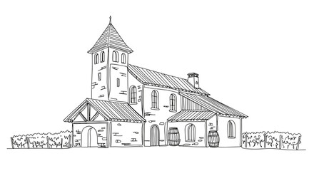 Rustic winery chateau with wine barrels and vineyard in black line art