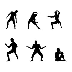 Silhouette Set of Six Men in Martial Arts and Meditation Poses