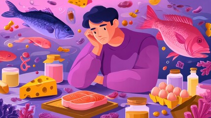 Man having food allergy symptoms to products like fish, milk and eggs. Food allergy, food alergen ingredient, allergy risk factor concept. Bright vibrant violet vector isolated illustration, no logos
