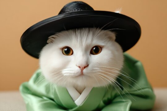 A white cat wearing a traditional Korean garment and hat.