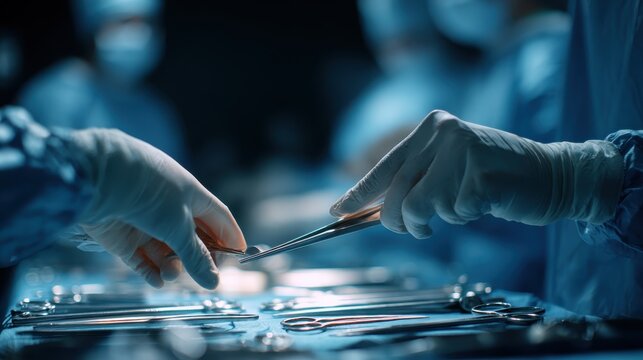 Hands of a surgeon in an operating room close-up, steady and precise gloved hands delicately manipulate surgical instruments during a complex procedure,